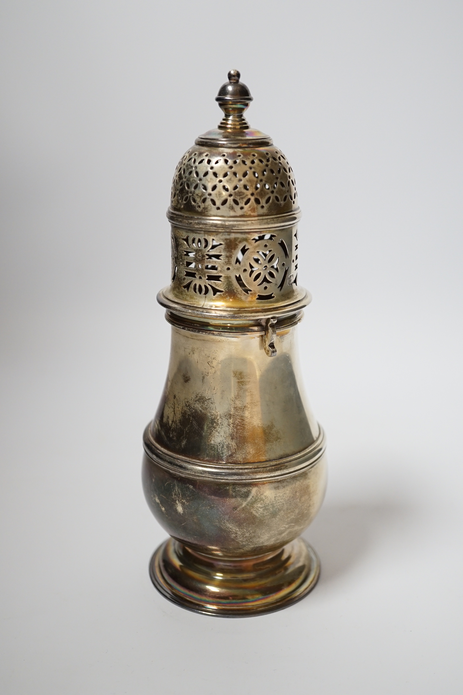 A George V Brittania standard silver baluster sugar caster, Daniel & John Welby, London, 1927, 21cm, 16oz.